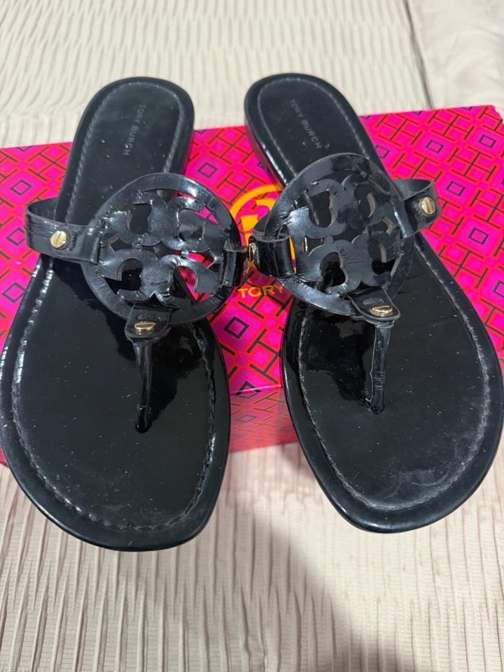 Tory Burch Black Patent Miller Thong Sandals with Gold Accents